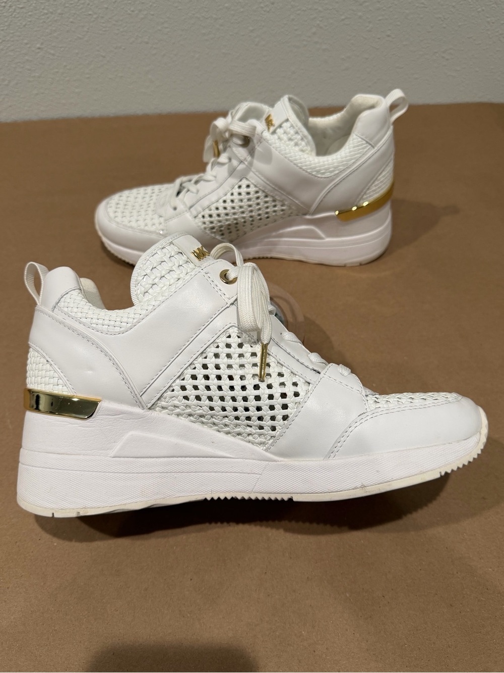 Michael Kors White Woven Leather Wedge Sneakers Gold Hardware Women’s Size- 8
